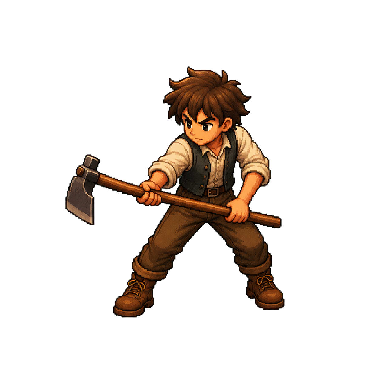 Pixel-art farmer swinging a hoe